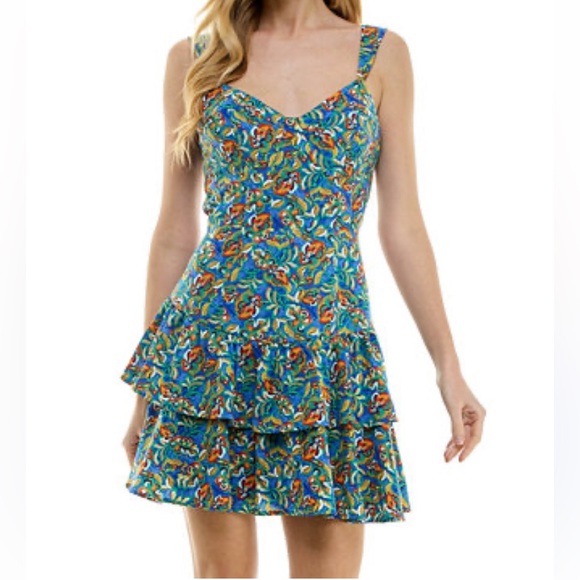 City Studio Dresses & Skirts - City Studio LIKE NEW tropical blue print floral tiered ruffle skirt mini dress